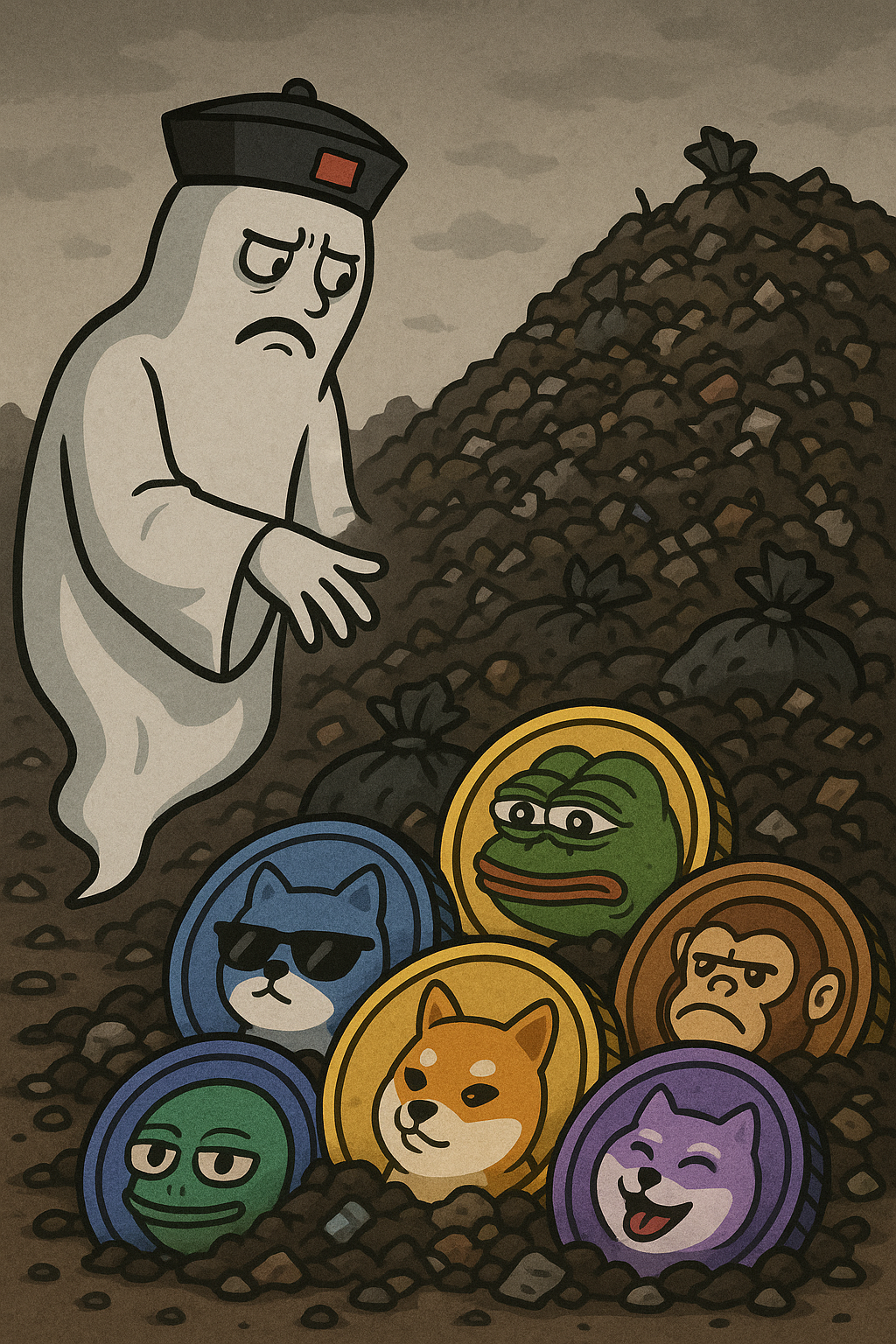 Crypto Graveyard Meme with Ghost and Dead Meme Coins