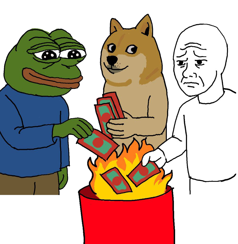 Pepe, Doge and Wojak burning money